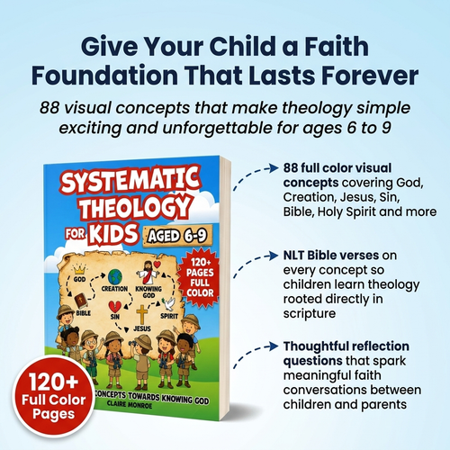 Systematic Theology for Kids Aged 6-9 | 88 Full Color Visual Concepts | NLT Bible Verses & Reflection Questions | By Claire Monroe